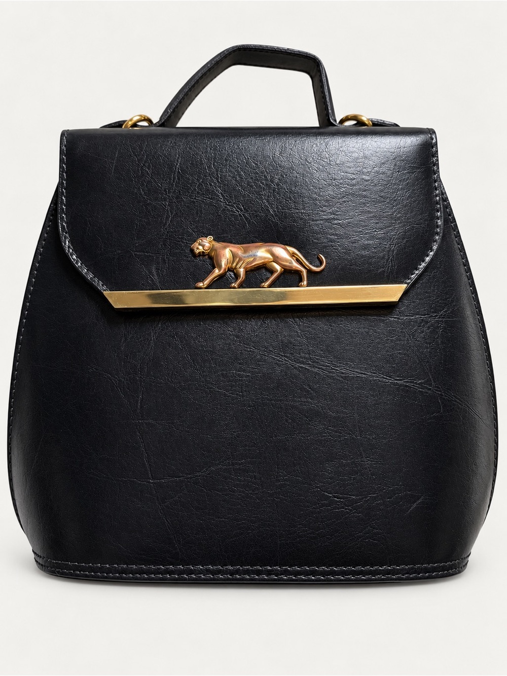 Vintage Sasha Like Bag Black Leather Panther Gold Jaguar Top Handle Purse Cat